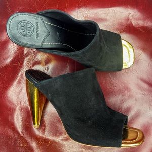 Gold and Black Suede Leather Tori Burch Mule Heels Size 9.5